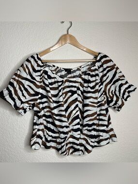 J.Crew Zebra Print Crop Cotton Top Off Shoulder Hidden Button Front XL